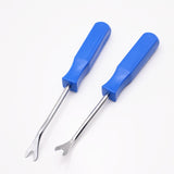 4 herramientas para quitar molduras de puertas de coche: extractor de clavos con forma de garra, herramienta para hebillas de placas de moldura interior con destornillador.