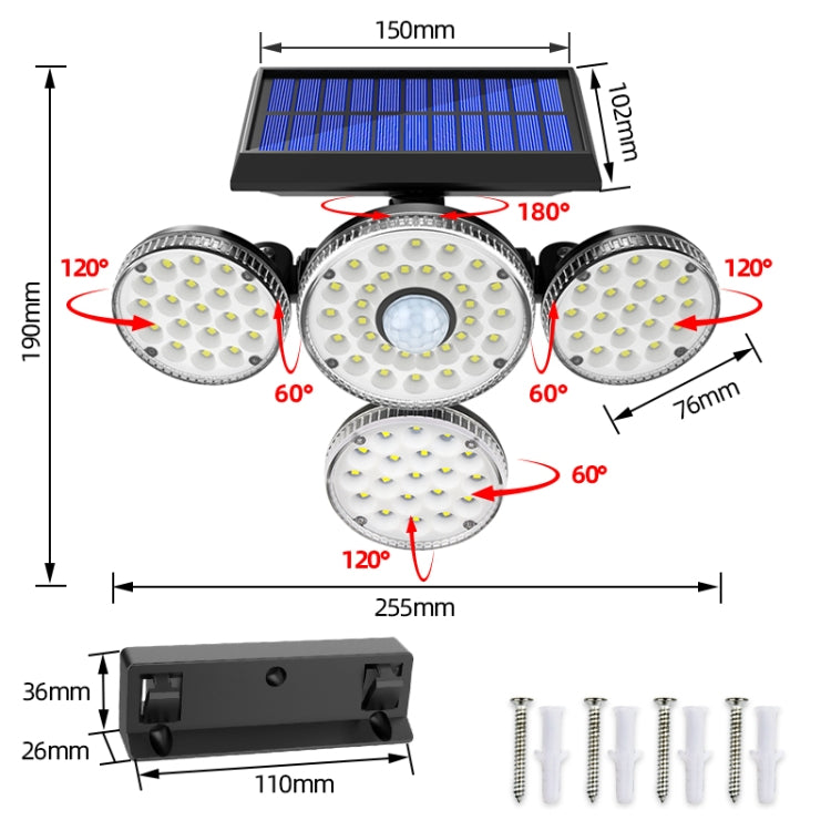 TG-TY051 4-Head Rotatable Solar Wall Light Body Sensor Outdoor Garden Waterproof Corridor Garden Lighting Street Light, Spec:, 89 LED, 102 COB, 141 LED, 144 LED, 180 LED, 181 LED, 228 LED with RC, 231 LED