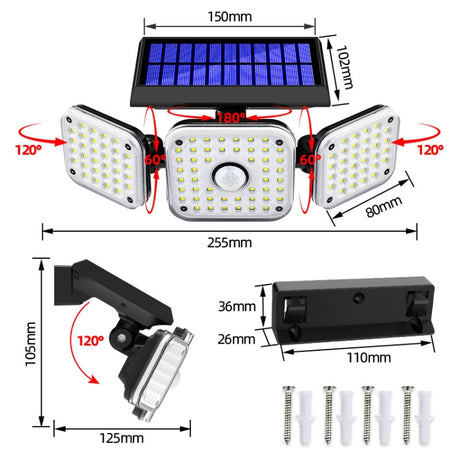 Solar 3-Head Rotatable Wall Lights Human Sense Outdoor Waterproof Garden Street Light - LYDARZ