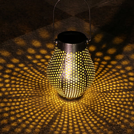 Outdoor Courtyard Wrought Iron LED Solar Portable Hollow Lantern - LYDARZ