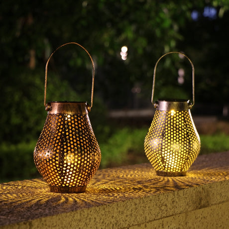 Outdoor Courtyard Wrought Iron LED Solar Portable Hollow Lantern - LYDARZ