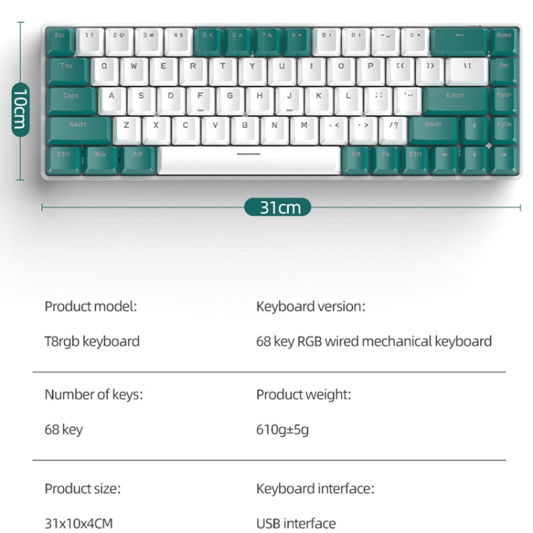 ZIYOU LANG T8 68 Keys RGB Gaming Mechanical Keyboard, Cable Length