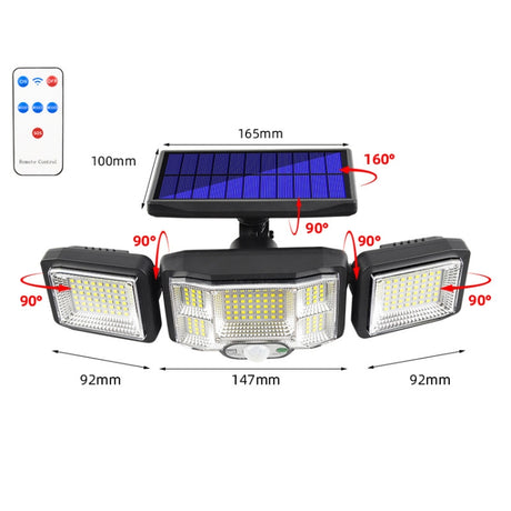 Remote Control Solar Wall Light LED Triple Rotation Sensor Flood Light - LYDARZ