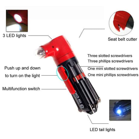Multifunctional Car Safety Hammer with Screwdriver Flashlight, 8 in 1 with Safety Hammer