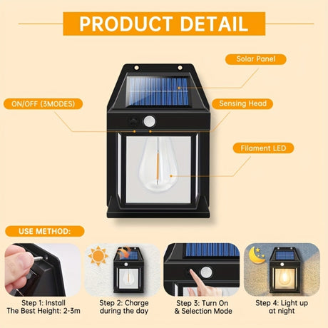 Solar Outdoor Tungsten Wall Light 3 Modes Body Sensing Waterproof Garden Villa Night Light - LYDARZ