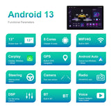 Navegador Android de pantalla grande de 13,1 pulgadas, 4 GB de RAM, 64 GB de almacenamiento, con mapa universal, APK, Carplay y vista inversa.