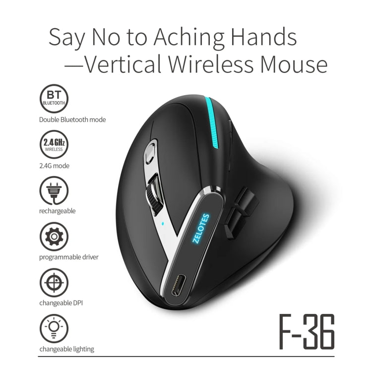 Ratón inalámbrico ZELOTES F36 de 9 teclas con agarre vertical, ergonómico, con Bluetooth dual y programación de 2,4 GHz