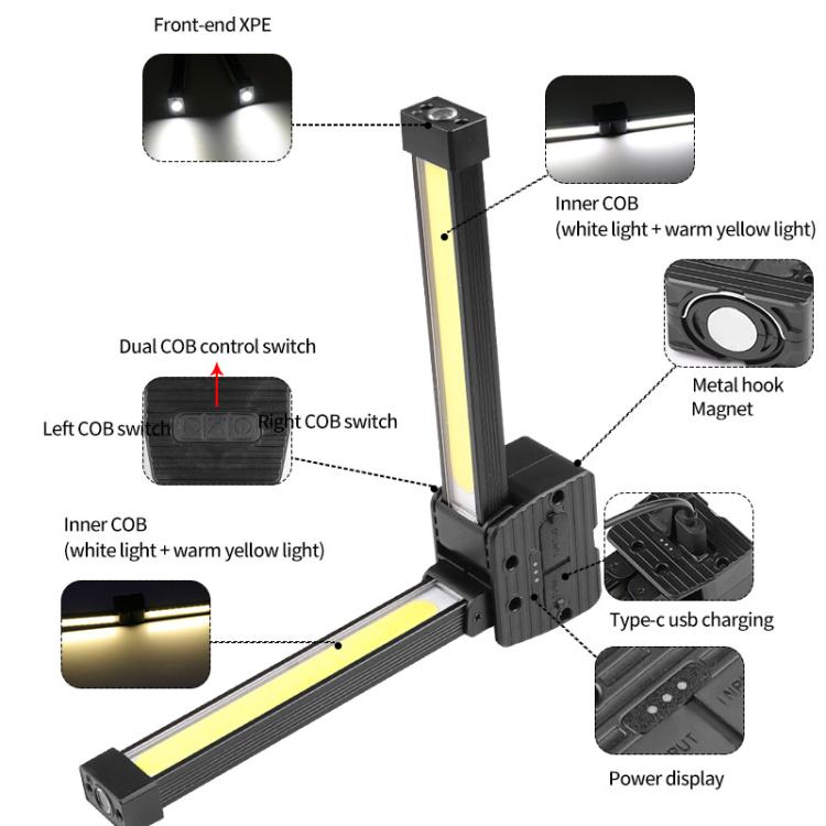 Double-Sided COB Work Light with 90-Degree Folding Design, Magnet, and Hook for Maintenance