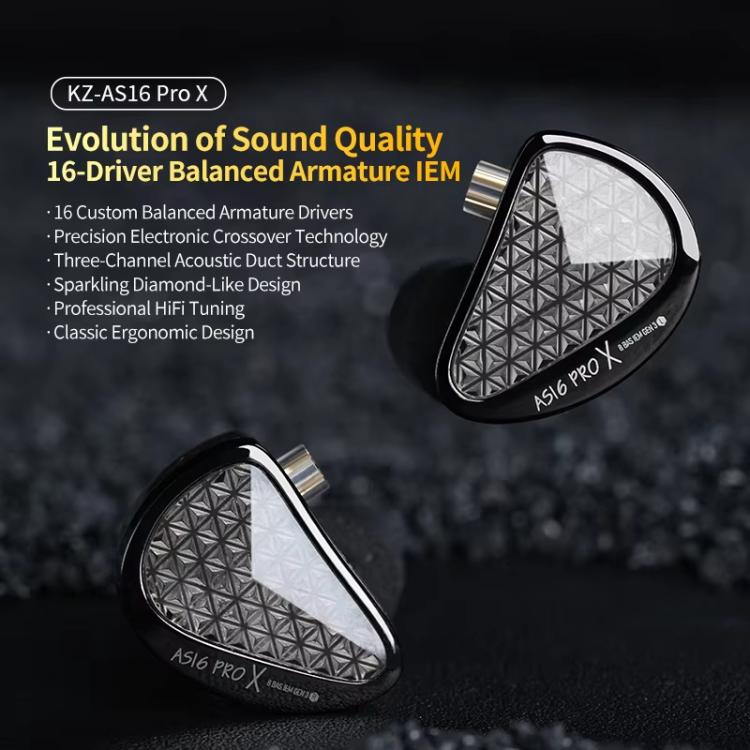 KZ AS16 PRO X 16BA In-Ear Hi-Fi Monitoring 1.2m Wired Earphone, Standard, With Mic