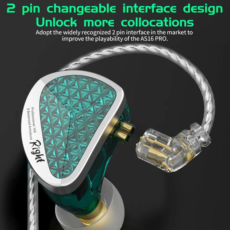 KZ-AS16 PRO 8-Driver Pure Balanced Armature In-Ear 1.2m Wired Earphones, Green Standard, Green With Mic, Black Standard, Black With Mic