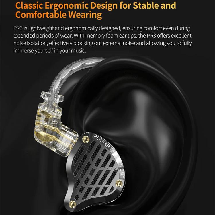 KZ-PR3 Planar Diaphragm In-Ear 1.2m Wired Earphones Hi-Fi Monitoring Stage Replaceable Cable Planar Speaker Earbuds, Black Standard, Black With Mic