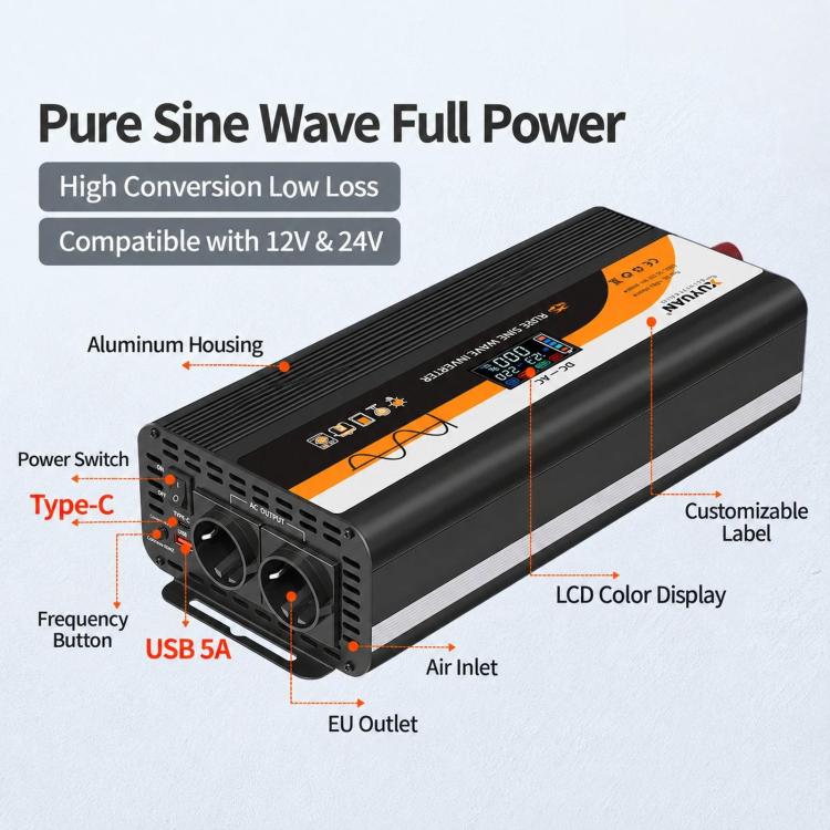 XUYUAN Pure Sine Wave Inverter with Color LCD Screen, EU Plug, 3600W 12V/24V-220V, 4000W 12V-220V, 4000W 24V-220V, 5000W 24V-220V