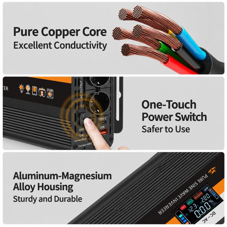 XUYUAN Pure Sine Wave Inverter with Color LCD Screen, EU Plug, 3600W 12V/24V-220V, 4000W 12V-220V, 4000W 24V-220V, 5000W 24V-220V