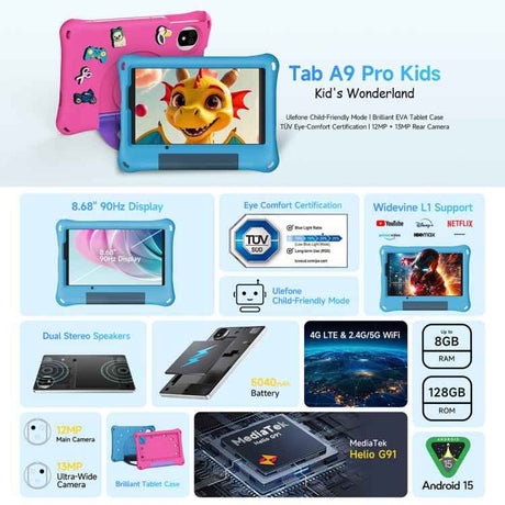 Ulefone Tab A10 Pro Kids Tablet PC, 6GB+128GB, 8.68 inch Android 15 MediaTek Helio G91 Octa Core 4G Network, EU Plug