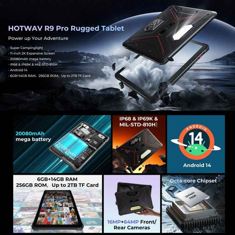 HOTWAV Tab R9 Pro IP68/IP69K Rugged Tablet, 6GB+256GB, 11 inch Android 14 Unisoc T606 Octa Core 4G Network, Global Version with Google Play, EU Plug
