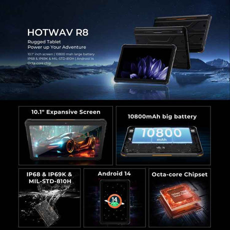 HOTWAV Tab R8 IP68/IP69K Rugged Tablet, 4GB+128GB, 10.1 inch Android 14 Unisoc T606 Octa Core 4G Network, Global Version with Google Play, EU Plug