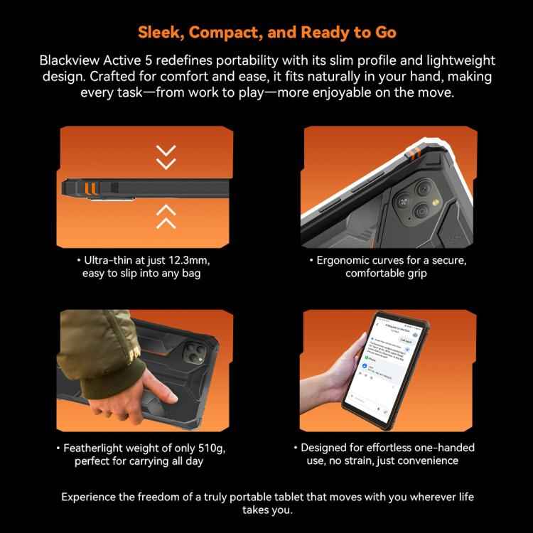 Blackview Active 5 4G Rugged Tablet, 8GB+128GB, 8.68 inch Android 14 Unisoc UMS9230E T615 Octa Core, Global Version with Google Play