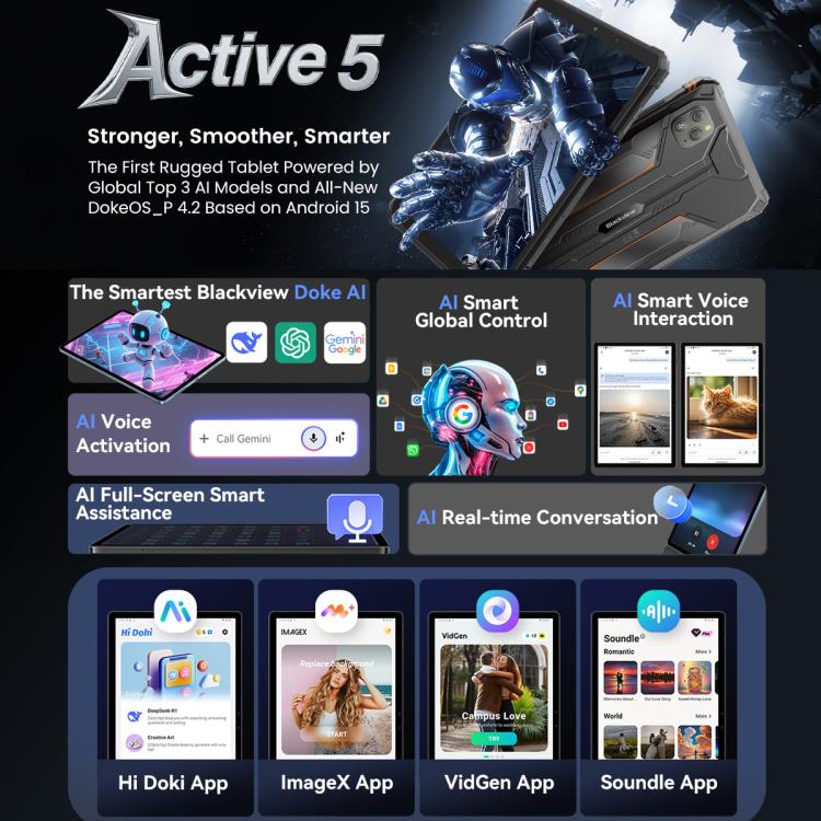 Blackview Active 5 4G Rugged Tablet, 8GB+128GB, 8.68 inch Android 14 Unisoc UMS9230E T615 Octa Core, Global Version with Google Play