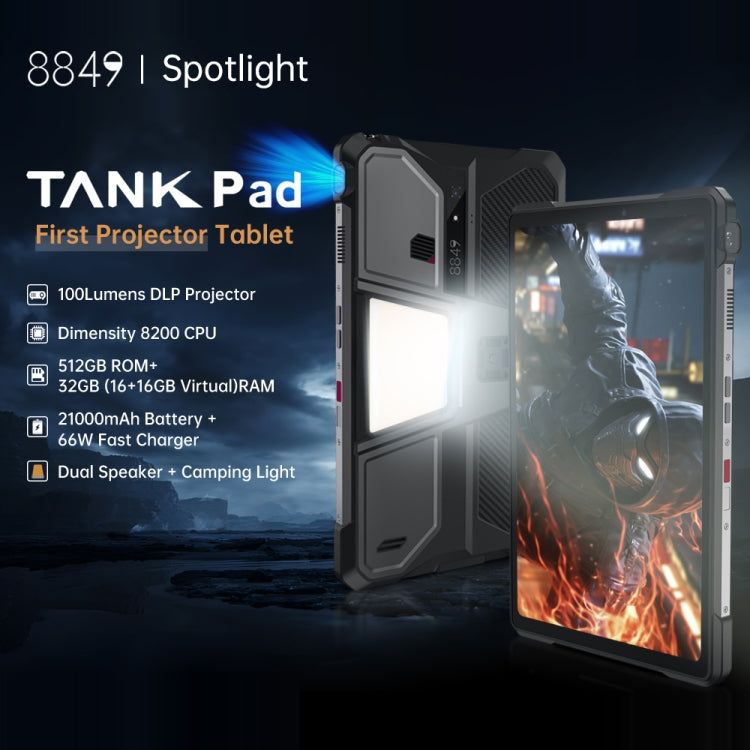 Tableta robusta Unihertz 8849 Tank Pad con proyector, 16 GB + 512 GB, 10,95 pulgadas, Android 14, Dimensity 8200, ocho núcleos, red 5G, enchufe de la UE