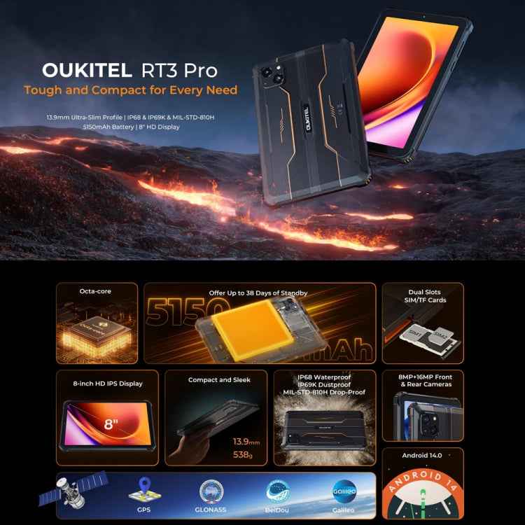 OUKITEL RT3 Pro 4G Network IP68/IP69K Rugged Tablet, 4GB+128GB, 8.0 inch Android 14 MediaTek G81 Octa-Core Support Dual SIM, EU Plug