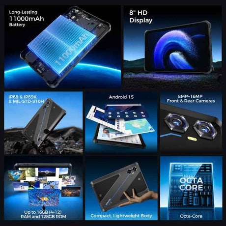 OUKITEL RT3 Plus 4G Network IP68/IP69K Rugged Tablet, 4GB+128GB, 8.0 inch Android 15 MediaTek G81 Octa-Core Support Dual SIM, EU Plug