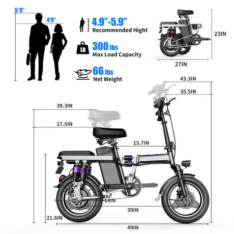 ASKGO 48V Folding Electric Bike, 500W Motor, 25MPH, 35 Miles, 14'' Tires - LYDARZ