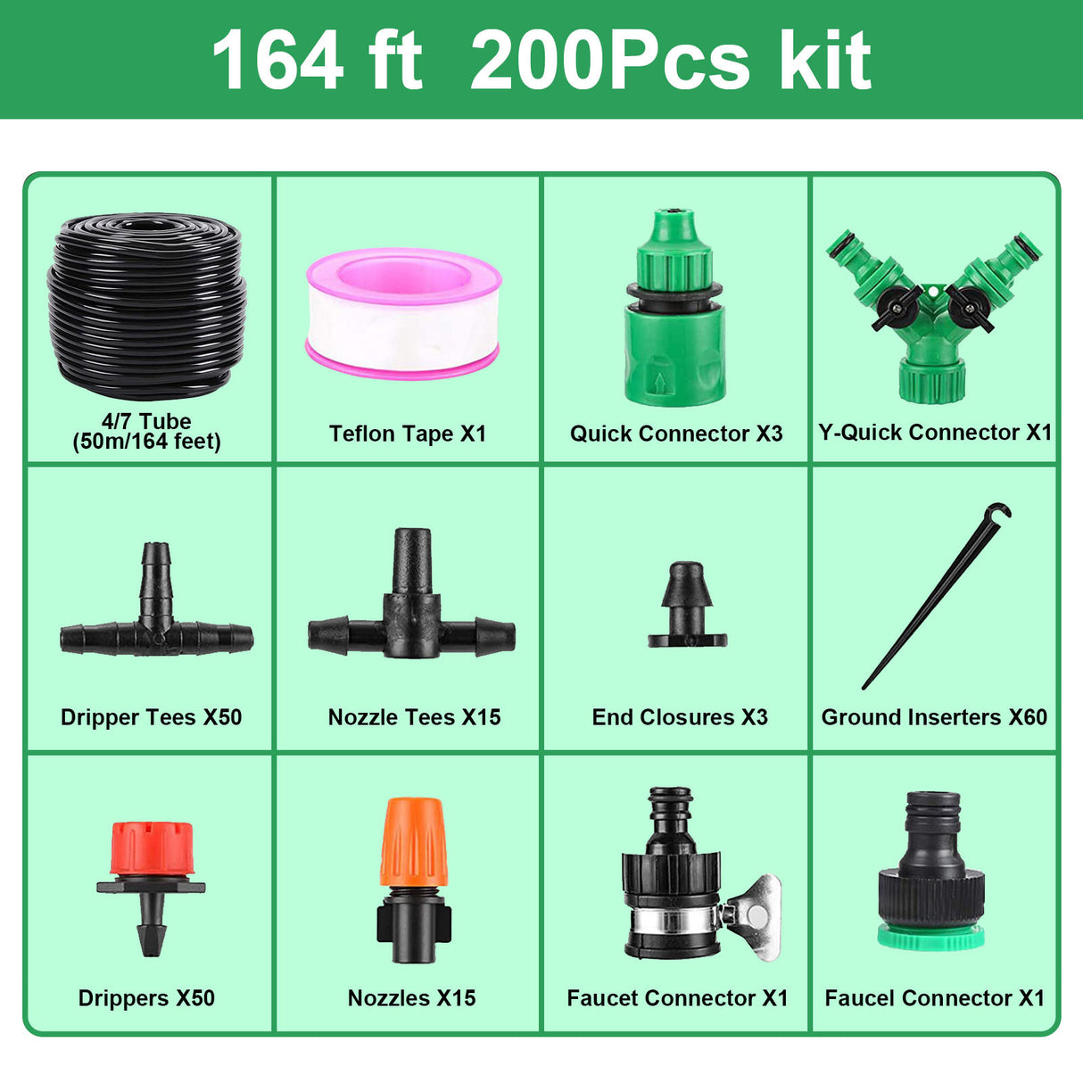 164FT Garden Drip Irrigation Kit with Adjustable Misting Nozzles & Tubing