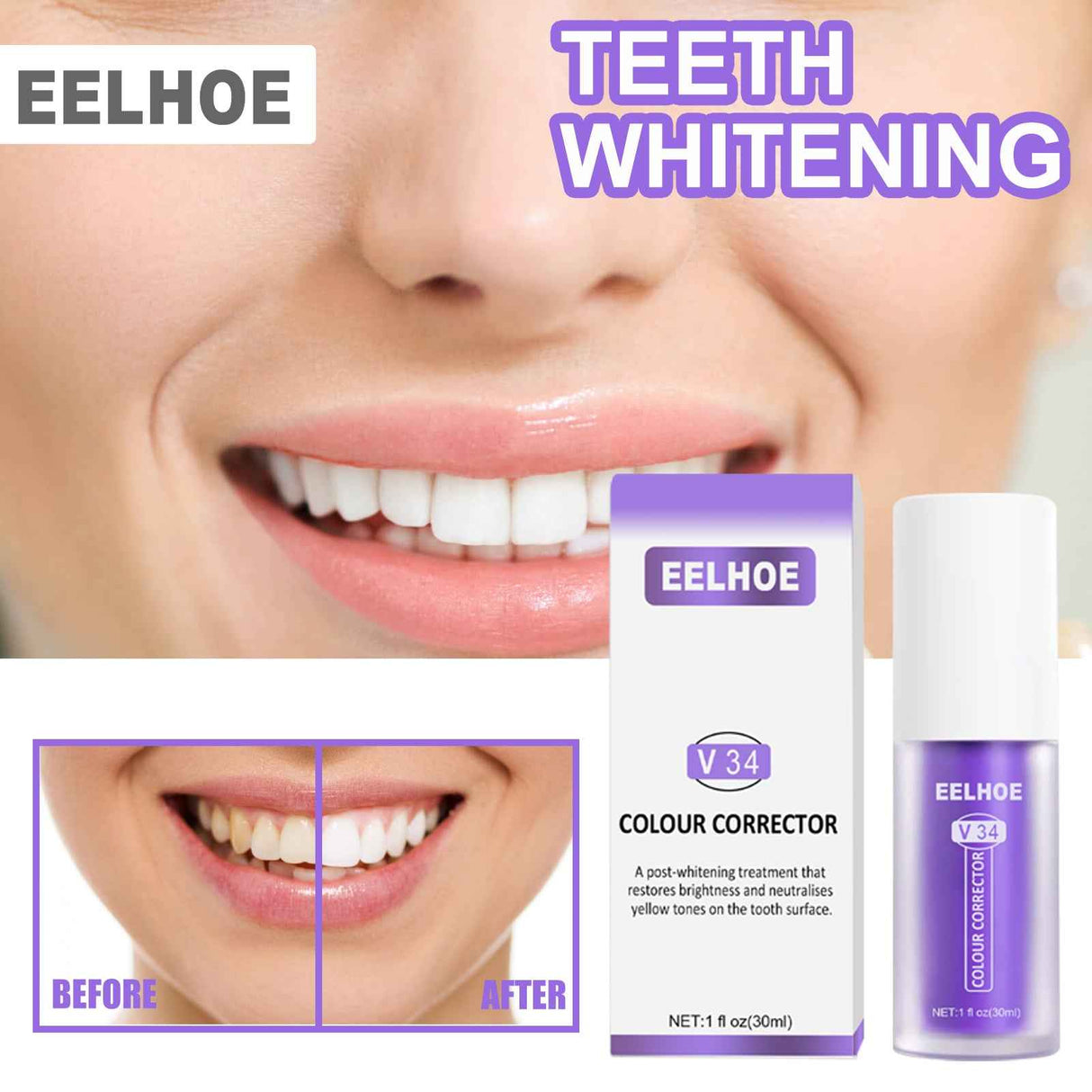 EELHOE V34Teeth Whitening Toothpaste Oral Whitening Cleaning Tooth Stain Whitening Teeth Purple Toothpaste