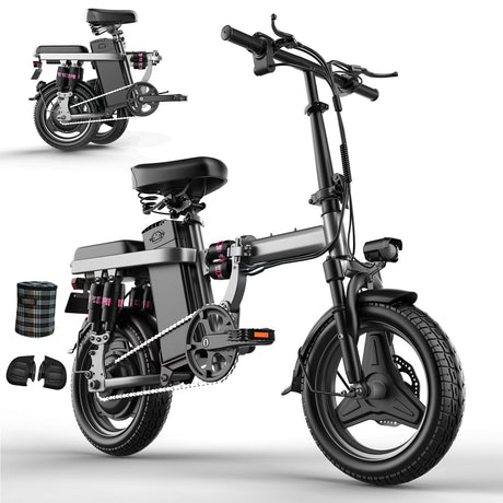 ASKGO 48V Folding Electric Bike, 500W Motor, 25MPH, 35 Miles, 14'' Tires - LYDARZ