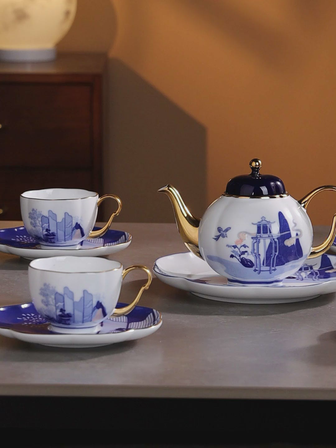 Blue and White Porcelain Tea Set - 1 Teapot 4 Cups with Saucers, Hand-Painted Gold Trim Tableware for Home & Office