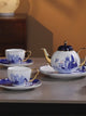 Blue and White Porcelain Tea Set - 1 Teapot 4 Cups with Saucers, Hand-Painted Gold Trim Tableware for Home & Office